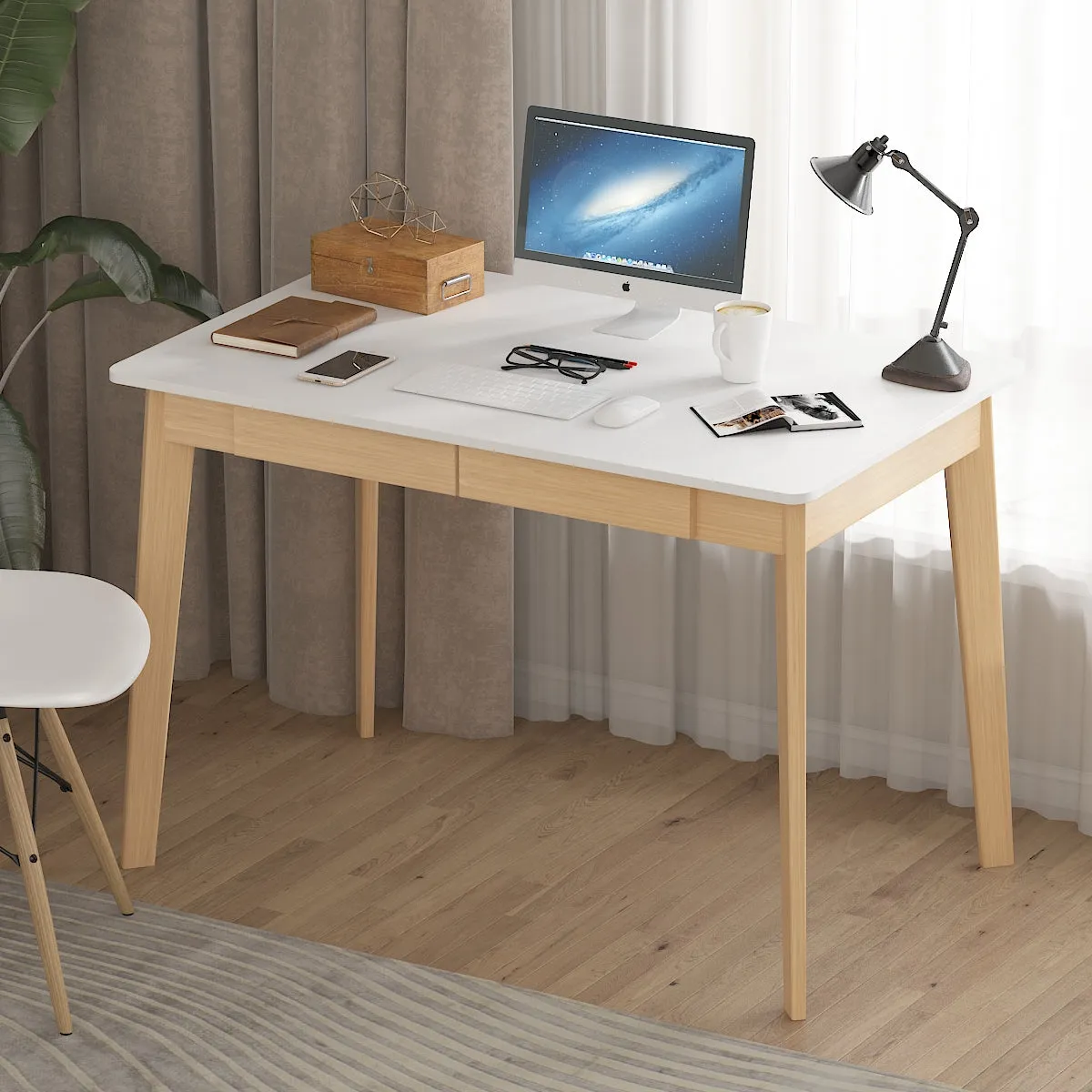Wooden Minimalist Writing Desk White Study Table for Office 39.4"W