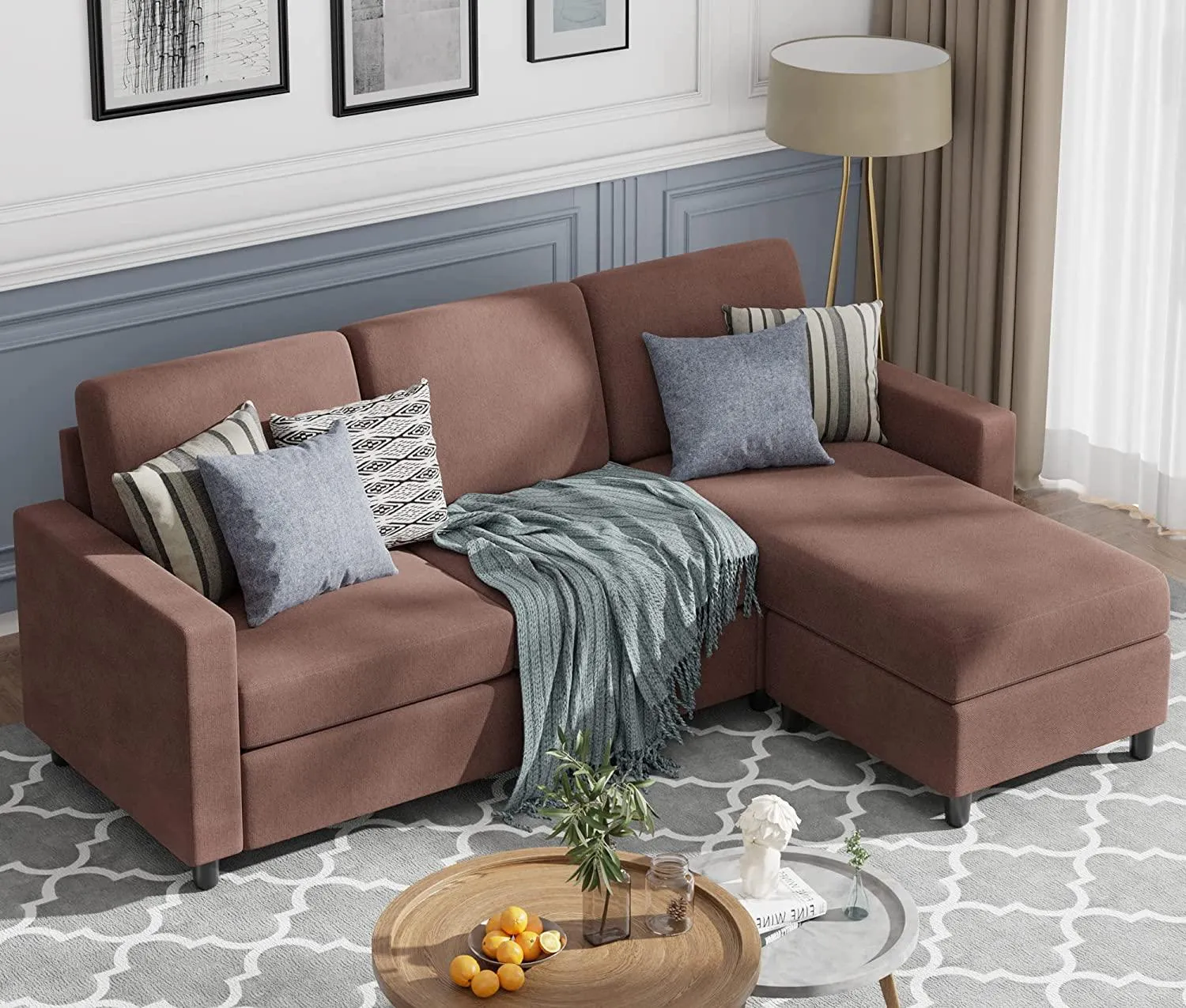 Wooden Twist Cosy L-Shaped Sectional 3 Seater Sofa Set With Ottoman Elegant Living Room Furniture for Comfort and Style