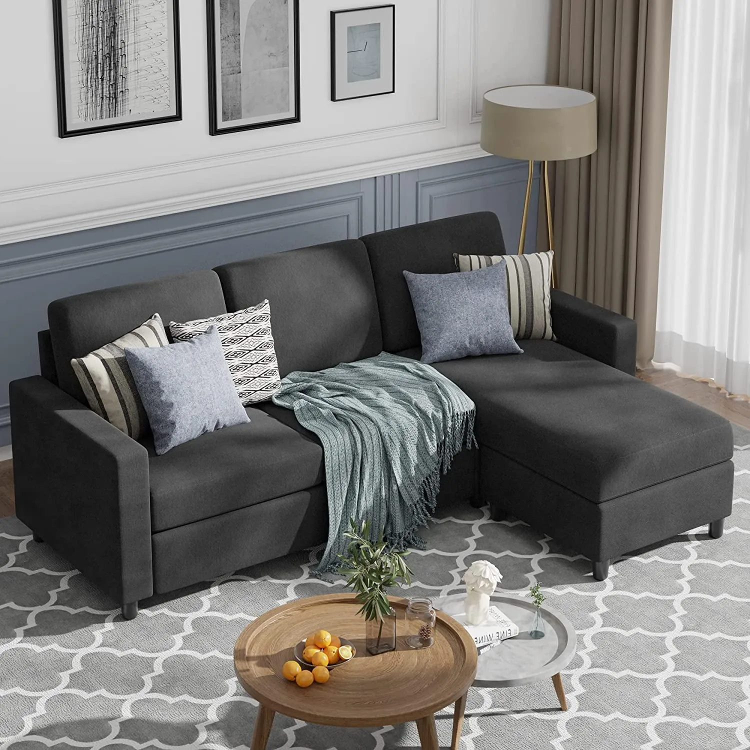Wooden Twist Cosy L-Shaped Sectional 3 Seater Sofa Set With Ottoman Elegant Living Room Furniture for Comfort and Style