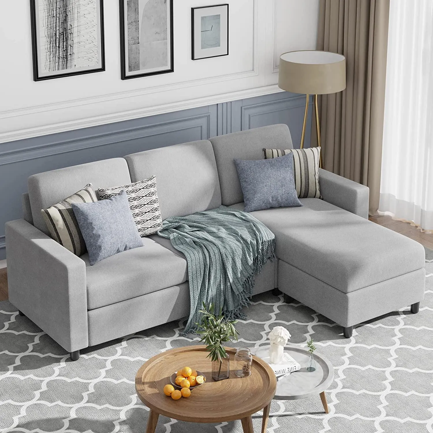 Wooden Twist Cosy L-Shaped Sectional 3 Seater Sofa Set With Ottoman Elegant Living Room Furniture for Comfort and Style