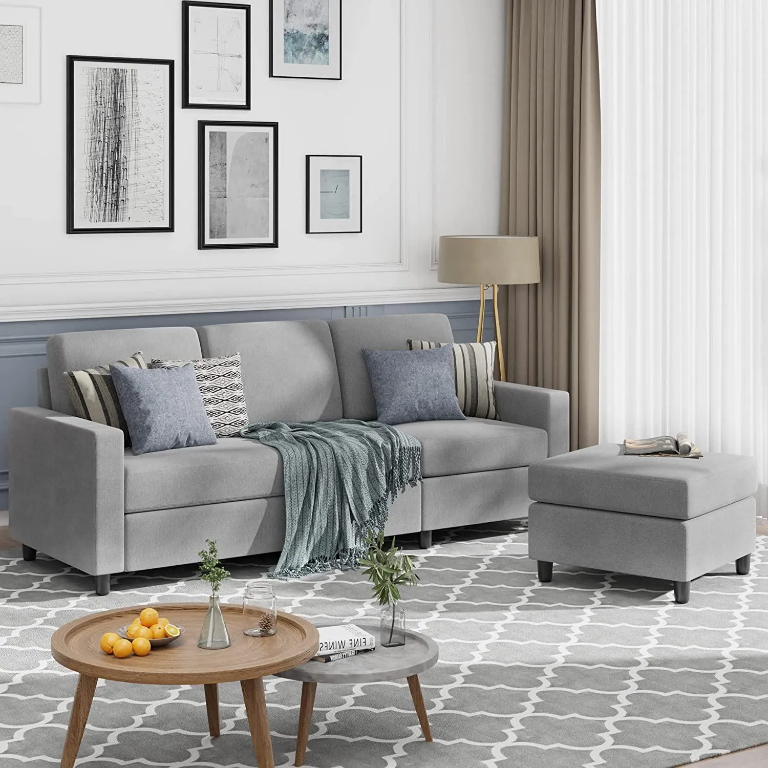 Wooden Twist Cosy L-Shaped Sectional 3 Seater Sofa Set With Ottoman Elegant Living Room Furniture for Comfort and Style